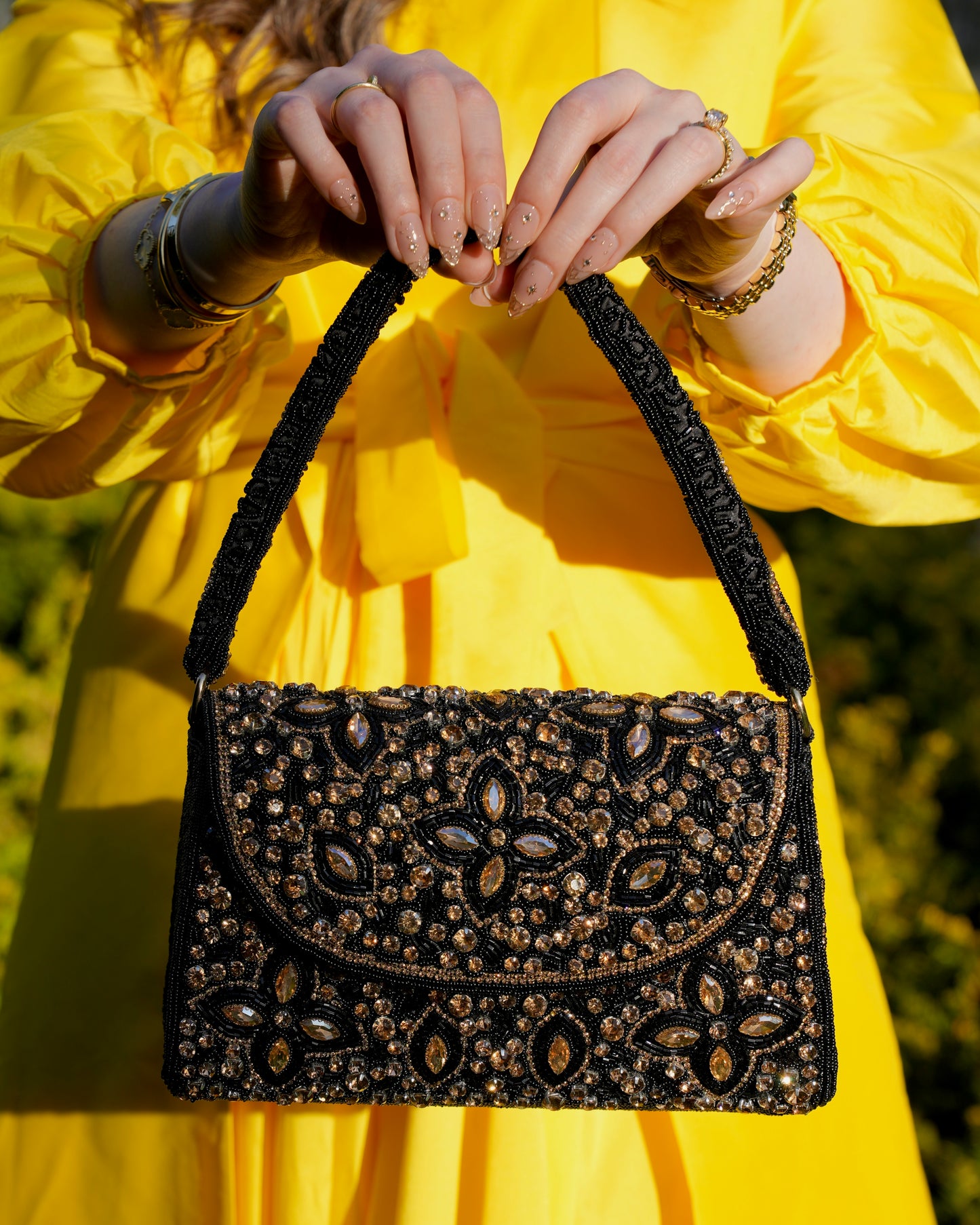 Night Sky - Black & Gold Top Handle Crystal Bag