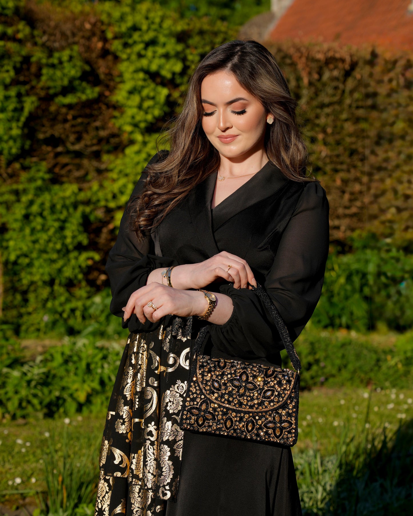 Night Sky - Black & Gold Top Handle Crystal Bag