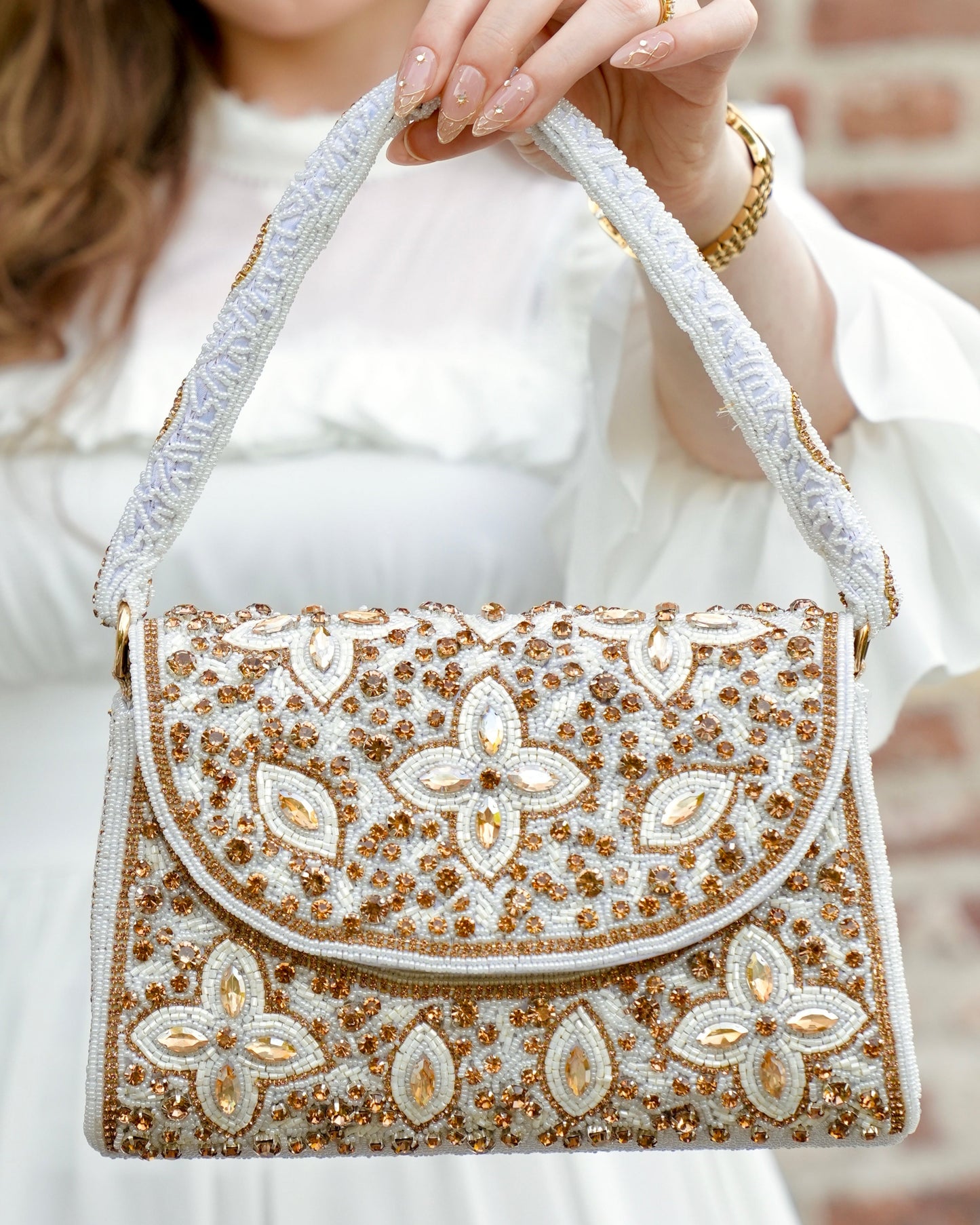 Bianca - White & Gold Cyrstal Top Handle Bag