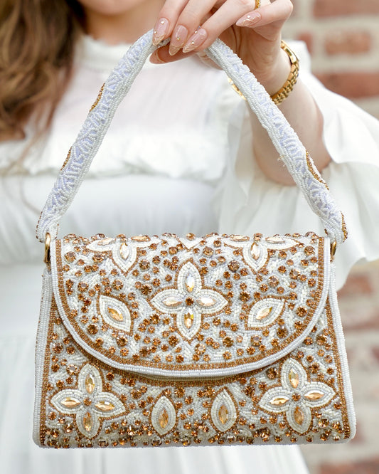 Bianca - White & Gold Cyrstal Top Handle Bag