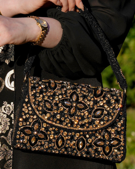 Night Sky - Black & Gold Top Handle Crystal Bag